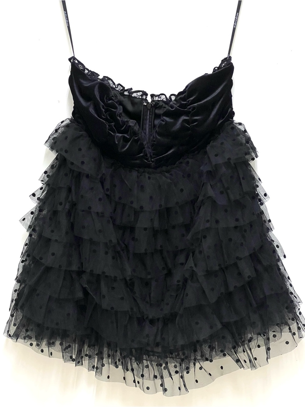 For Love & Lemons Black Polka Dot Layered Tulle  Mini Strapless Dress w/Gloves